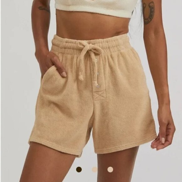 DONNI. Terry Cloth Henley Shorts with Drawstring in Latte Size Medium - Picture 1 of 8